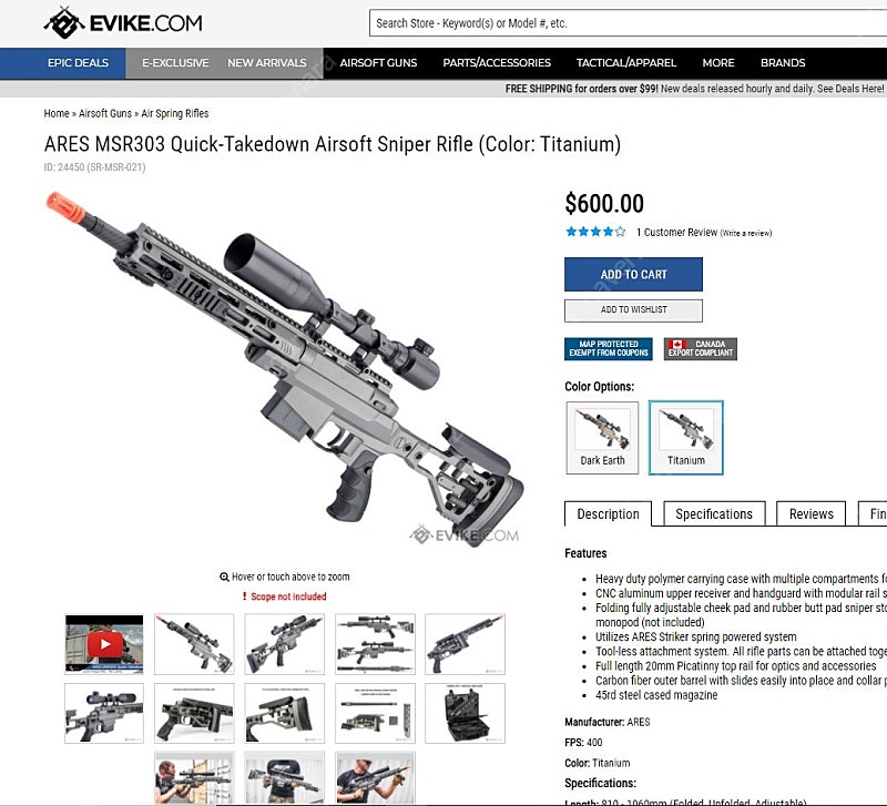 ARES MSR303 Quick-Takedown Airsoft Sniper Rifle (Color: Titanium) 스나이퍼