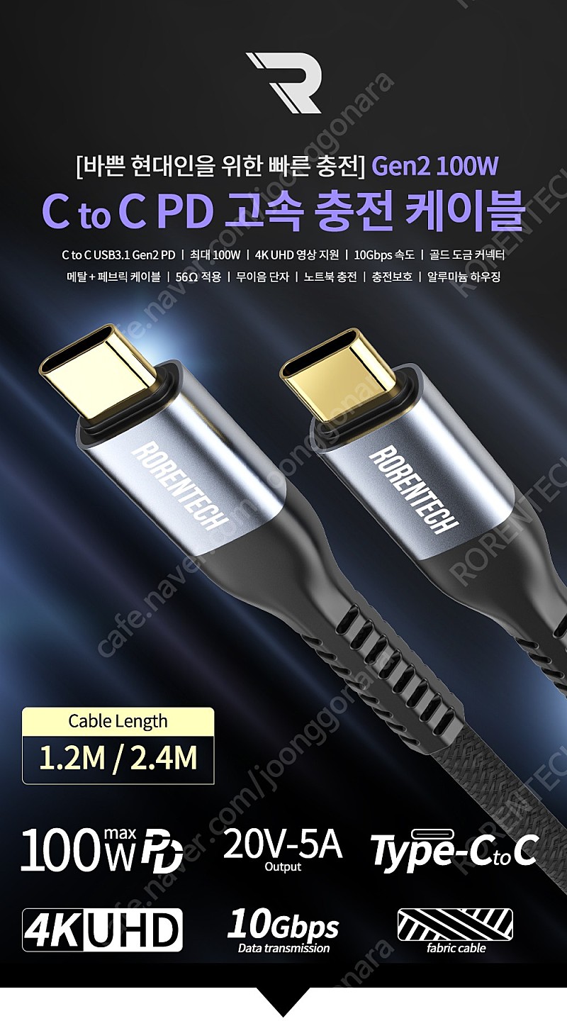 [판매] 로랜텍 C to C PD USB 3.1 100W 5A 미러링 4K gen2 초고속충전케이블