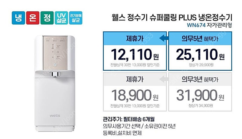 [판매]웰스 정수기 슈퍼쿨링 냉온정수기 WN674