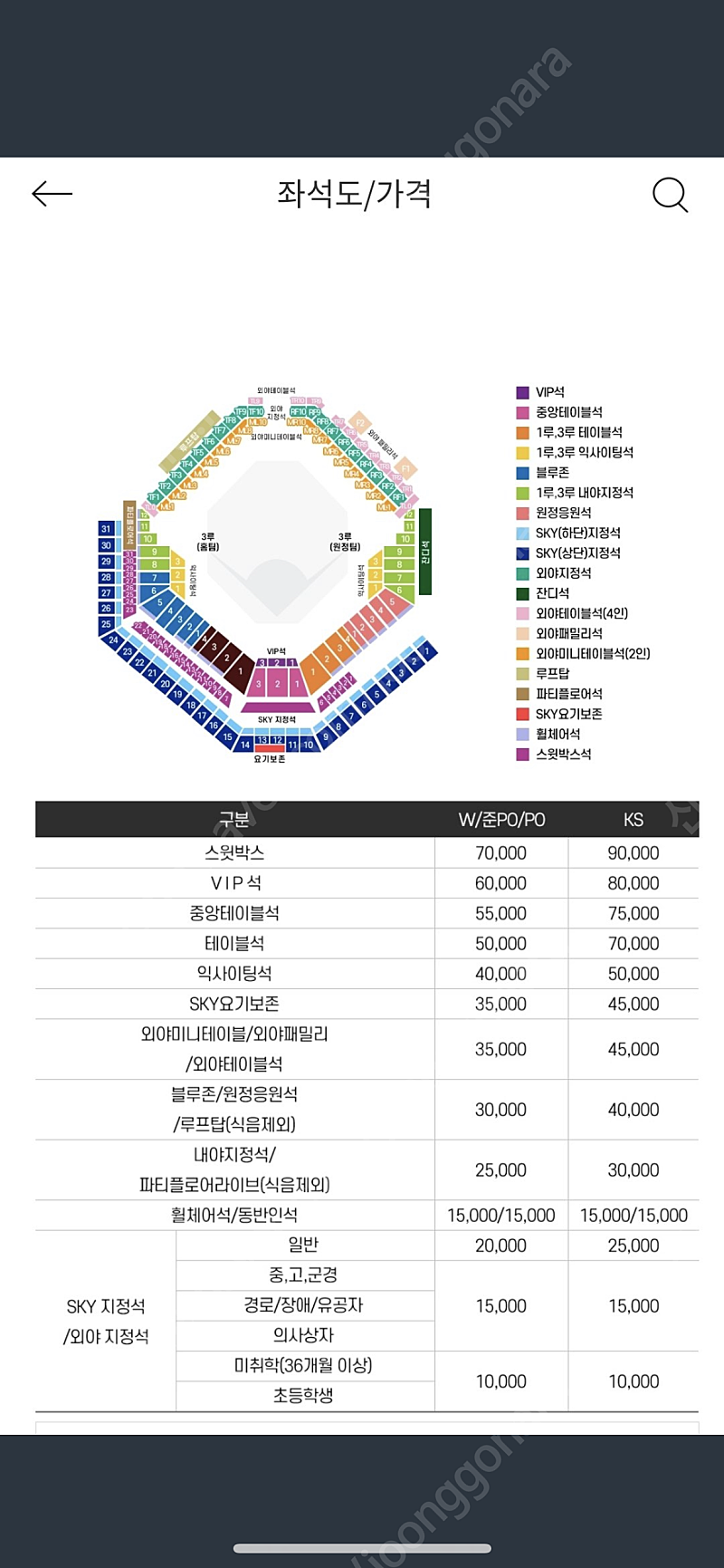 삼성 vs 두산 플레이오프 1차전 1루 스카이석 3연석 원가 양도 합니다