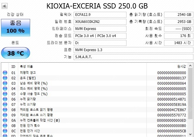키오시아 EXCERIA M.2 NVMe 250GB(디램탑재)