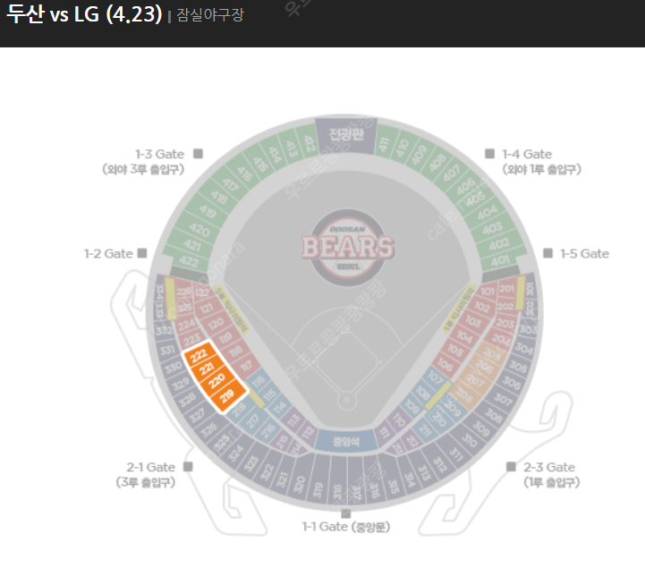 4/23(토) 두산 vs LG 3루 오렌지석(LG 응원석) 2연석 양도합니다.
