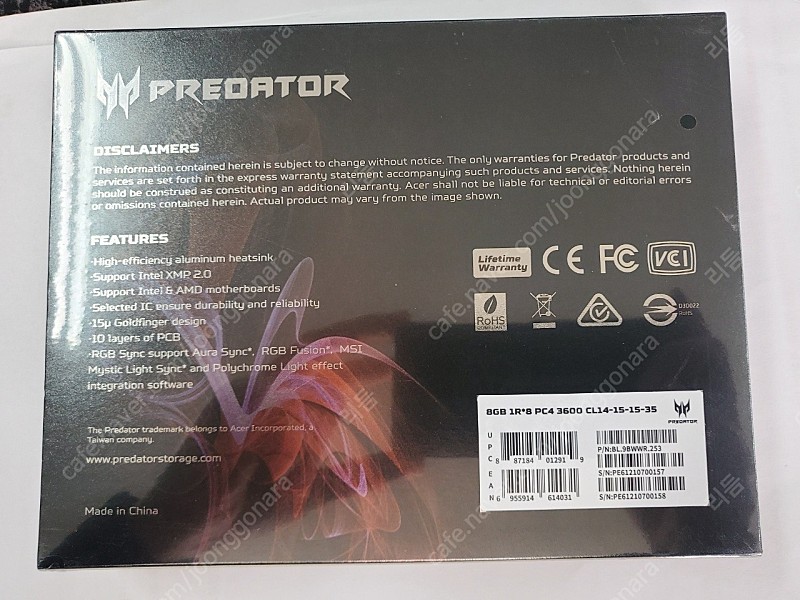 에이서 프레데터 DDR4-3600CL14 APOLLO(8Gx2) 16기가 미개봉 서린 정품 판매합니다.