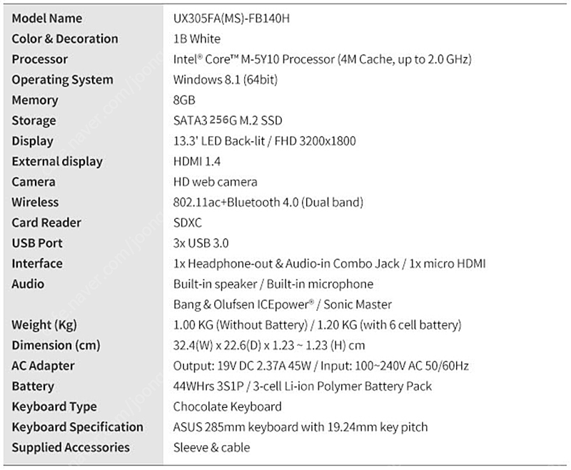 ASUS ZenBook UX305F (CPU M5Y10, RAM 8GB, SSD 256GB)