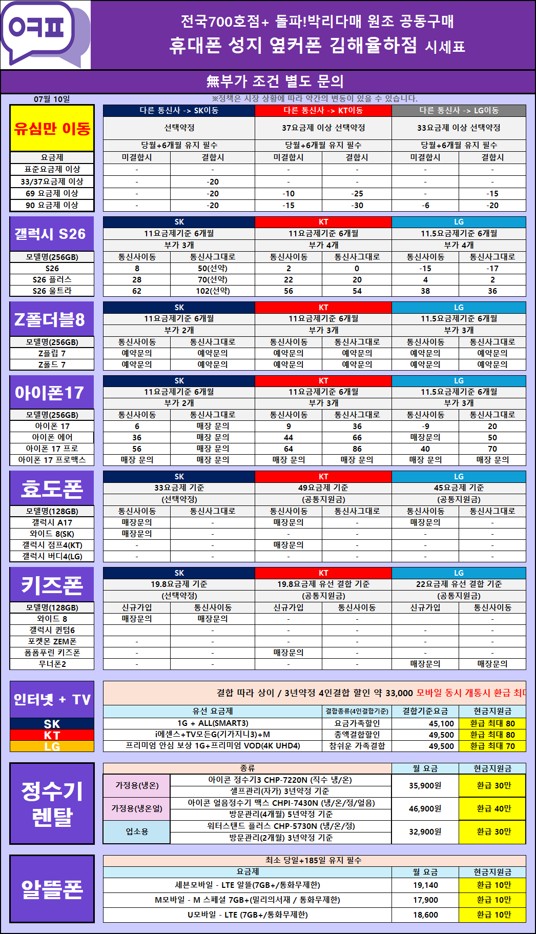 [07/10 김해율하점 시세표] 네이버 리뷰1000개 돌파 / 갤럭시 폴더블8 얼리버드 사전예약 OPEN / 율하 중앙하이츠 사거리 경남은행 맞은편!!! 이미지
