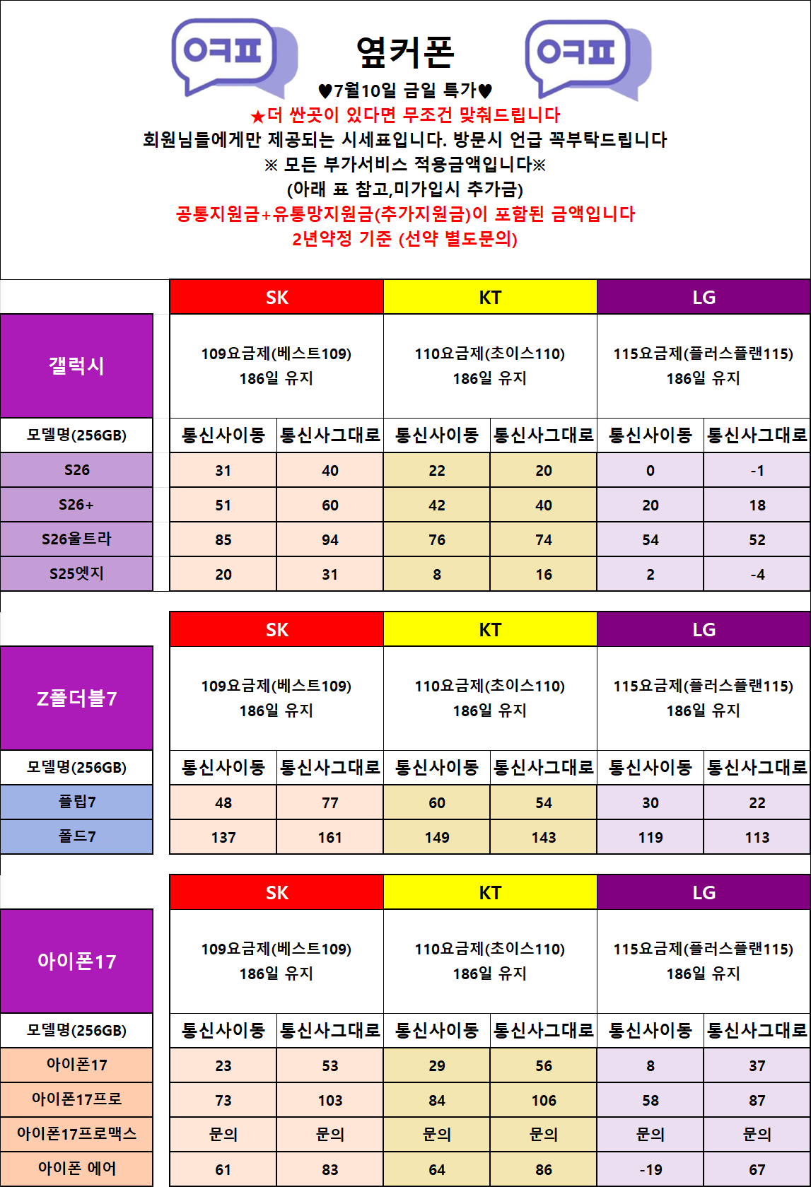7/10 [옆커폰 범일점 시세표] / Galaxy Z 폴드 · 플립 8 사전예약 OPEN! / 삼성 페스티벌 종료!! / 매장 할인은 계속 됩니다!! / 정직한 조건, 신뢰 가능한 매장 / 인터넷+TV가입 시 최대 혜택!! 이미지