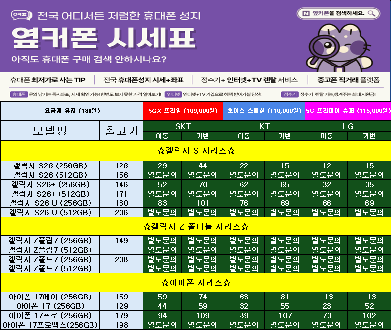 🚨옆커폰 서창점 매장 리뉴얼 특가🚨👉7월 11일 시세표 최대지원금👈S26류 특가 대란중!!!🚨IP17,16,15류,폴더블7등🎀전기종 특가행사중🎀🎉인터넷+TV지원금업계최대지원🎉 이미지