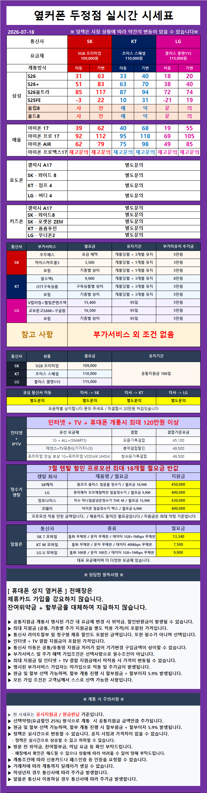 🔥천안 휴대폰성지 옆커폰 두정점 7월 18일 시세표🔥 상조❌ 휴대폰반납❌ 인터넷미가입추가❌ 제휴카드❌ 타 매장처럼 허위시세표❌ 그냥 시세표 있는 그대로 보시면 됩니다. 이미지