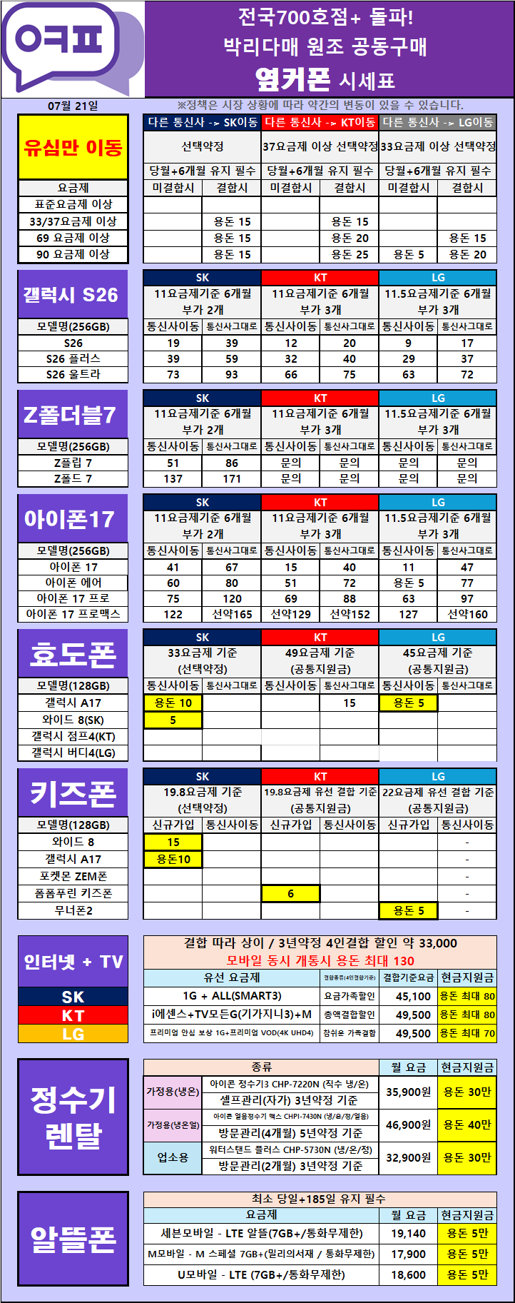 ○● 7월 21일 성지 시세표 ○● 남양주 도농 직영점 ○● 이미지