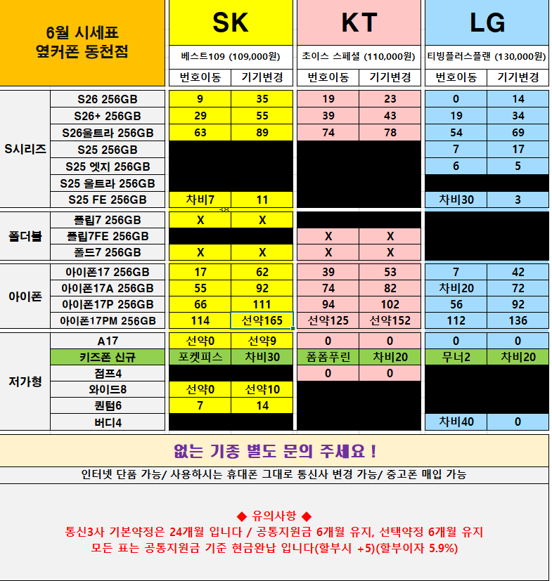 옆커폰 동천점 2026/07/22 시세표입니당 ! 이미지