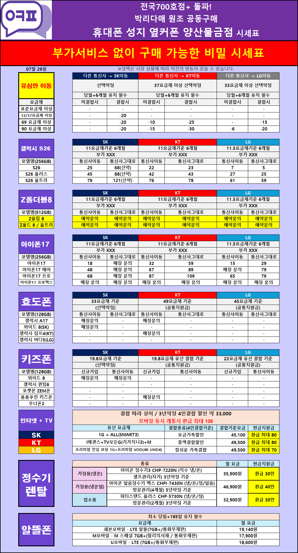 [07/30 물금점 시세표] 갤럭시 Z 폴드/플립 8 사전예약 OPEN!! / 물금 미분당 옆, 다이소 바로 맞은편 / 소노, 보람, 도어가드 등 쓸데없는 부가서비스 X / 양산 시세 박살내는 중! 이미지