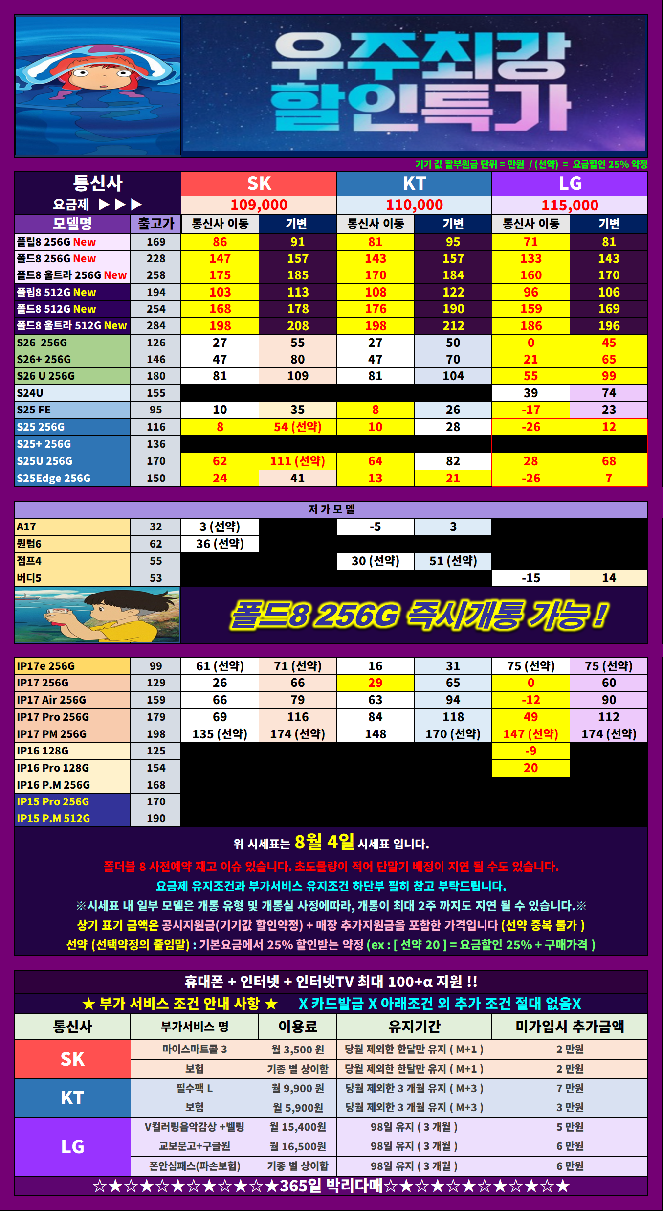 🌞옆커폰부평점🌞8월 4일 시세표 S25류 특가진행중 !🎉 🎁갤럭시 Z 폴더블8️⃣ 즉시개통 ! 🌈 ⚡번호이동특가⚡ 📡인터넷+TV+📱=100+@🌟 이미지