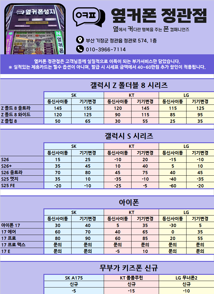 8/5 [옆커폰 정관점 시세표] / Galaxy Z 폴드 · 플립 8 당일개통 가능! / 폴더블8 목업 직접 체험하고 결정하세요!! / 정관에서 조건좋기로 소문난 휴대폰 맛집 / 착한가격&친절상담 이미지