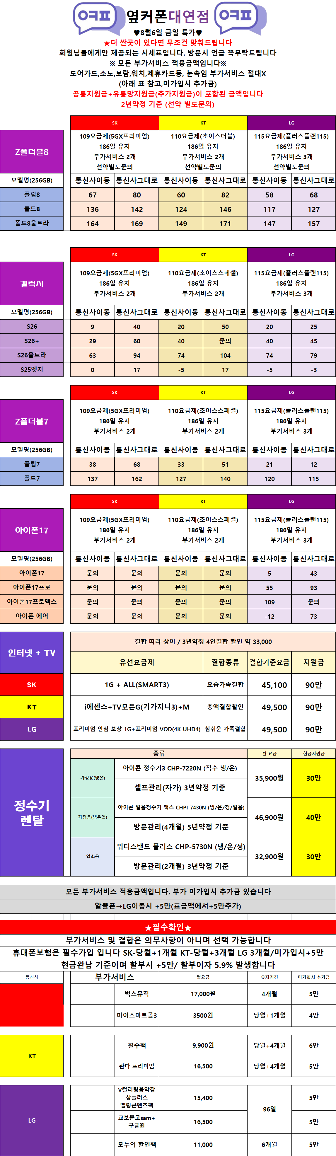 [옆커폰 대연점 8/6시세표!!]폴더블8 즉시개통가능,온누리상품권 결제가능!! / 불필요한 부가서비스 다뺏습니다! 도어가드,소노,보람,워치,제휴카드X !! 인터넷+TV 최대지원 이미지