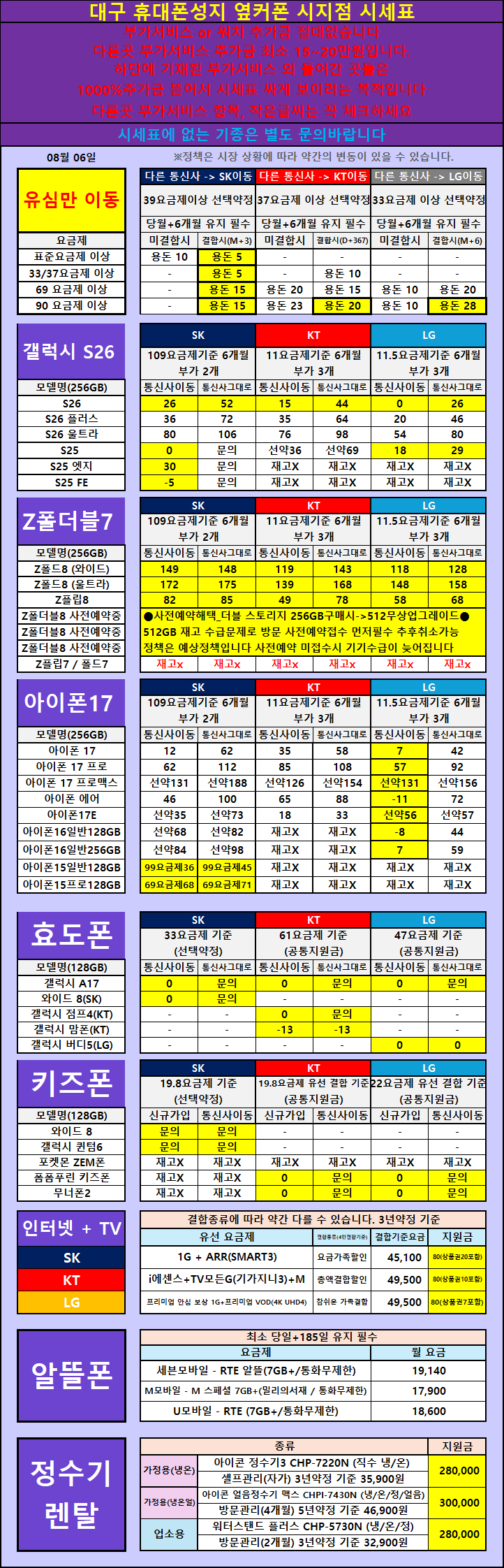 08월06일 대구 시세표 ●폴더블8 일반개통 시작 용량_256GB 재고확보완료● 이미지