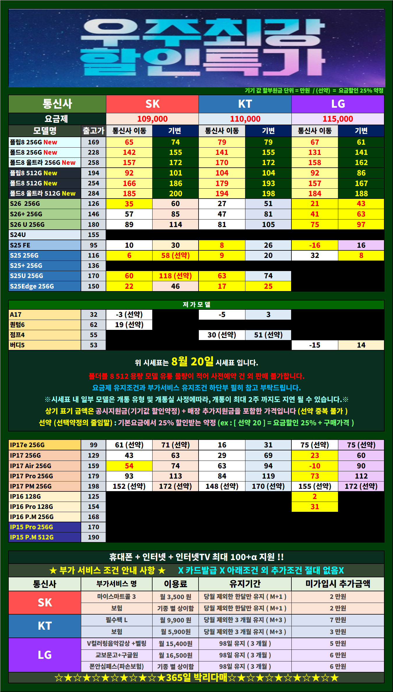 🌞옆커폰부평점🌞8월 20일 시세표 🎉 🎁갤럭시 Z 폴더블8️⃣ 즉시개통 가능 ! 🌈 ⚡번개특가⚡ 📡인터넷+TV+📱=100+@🌟 이미지