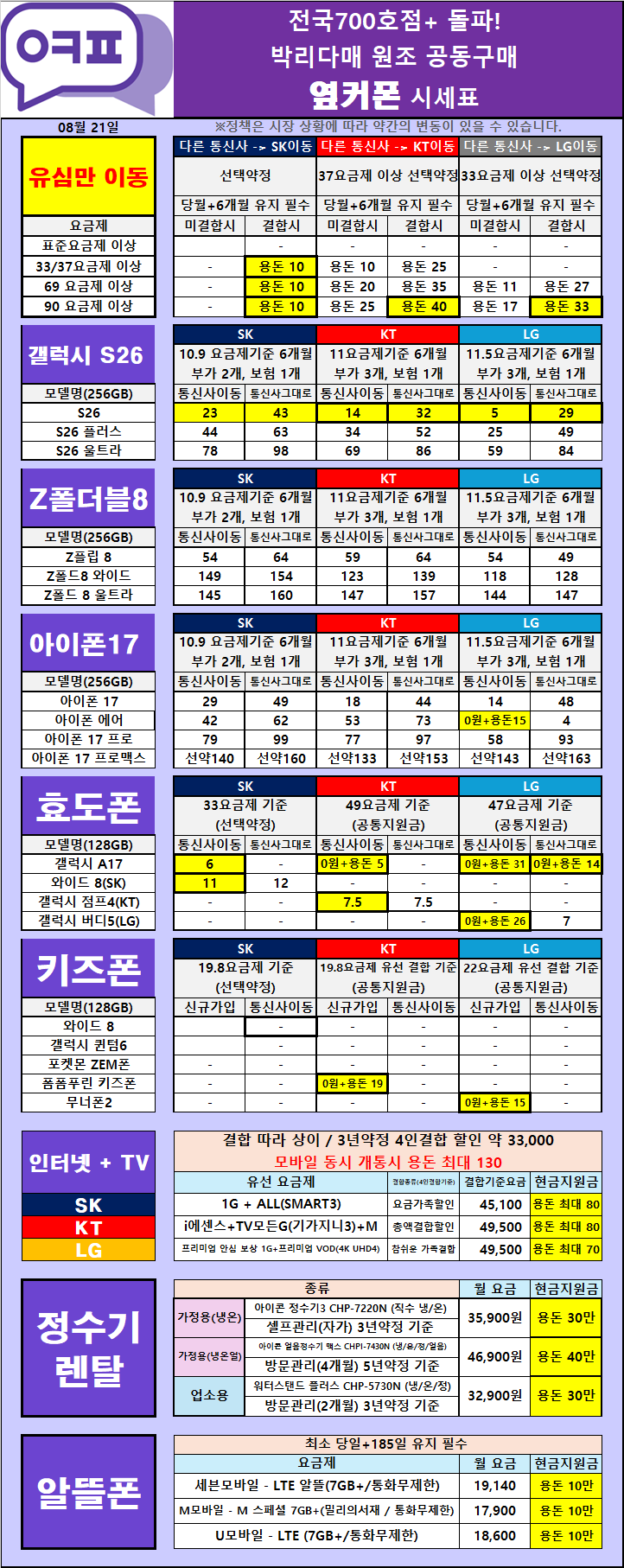 시세표 공개 합니다 / 옆커폰 분당점
