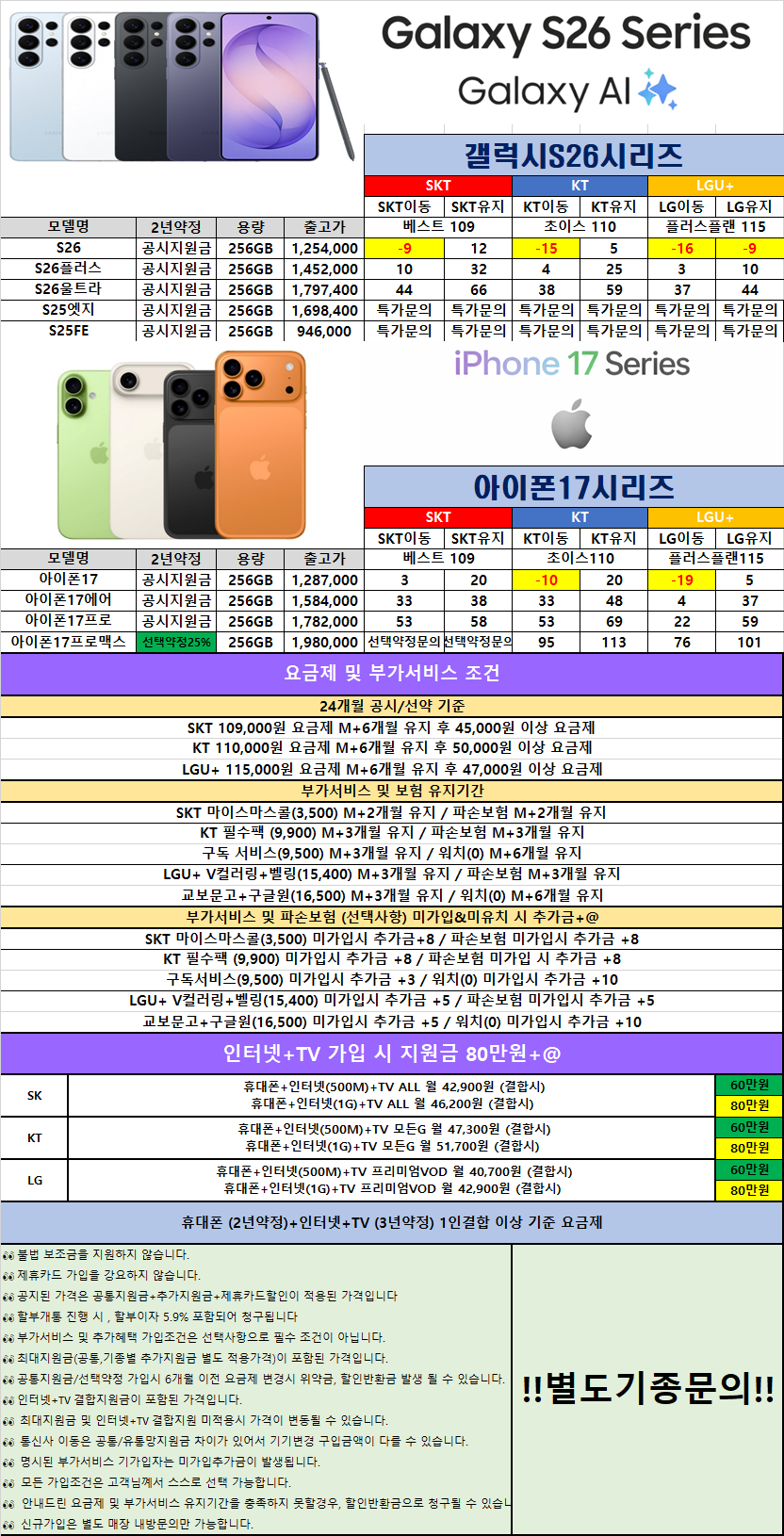 📱 대구 휴대폰성지 용산점 옆커폰 08월21일 📱 🚨 시세표 🚨 🟪 폴드8 와이드 신모델 즉시개통🟪 S26시리즈 즉시개통 💸 인터넷+TV 💸 이미지