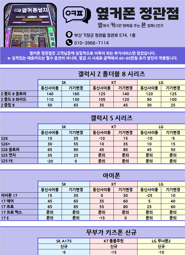 8/21 [옆커폰 정관점 시세표] / 아이폰18 사전예약 OPEN｜빠를수록 좋은 사전예약 혜택 / Galaxy Z 폴드 · 플립 8 당일개통 가능 / 정관에서 조건좋기로 소문난 휴대폰 맛집 / 착한가격&친절상담 이미지
