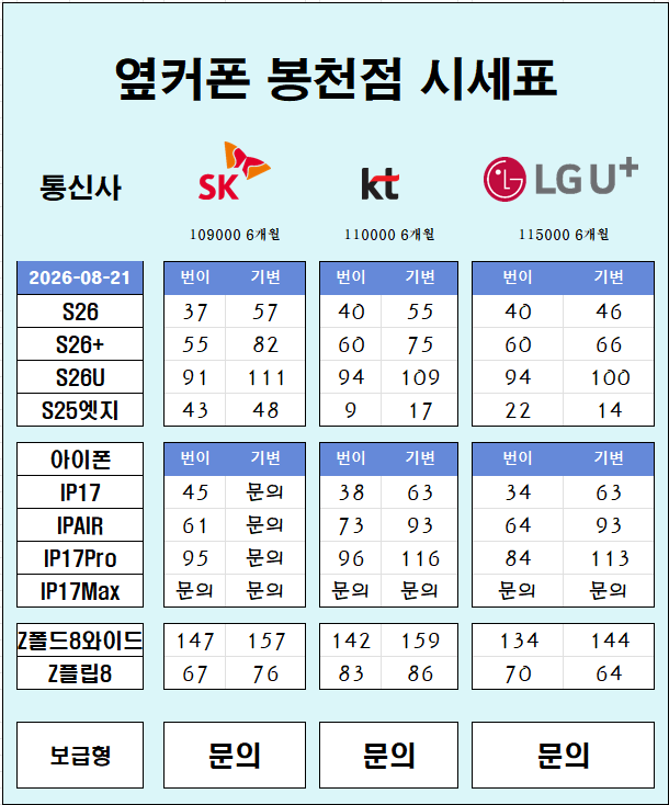 8/21 옆커폰 봉천점 최신 시세표입니다!