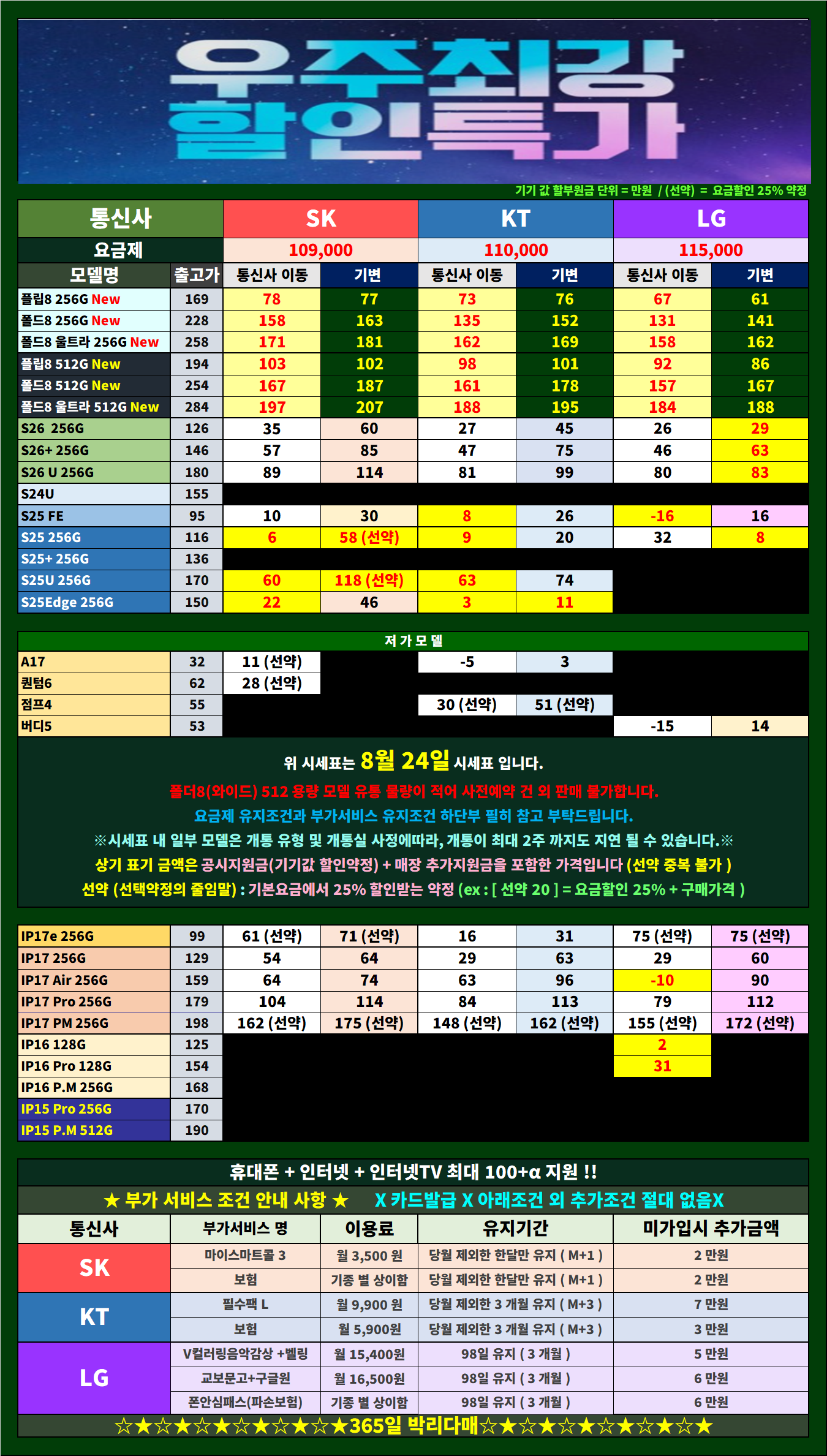 🌞옆커폰부평점🌞8월 24일 시세표 🎉 🎁갤럭시 Z 폴더블8️⃣ 즉시개통 가능 ! 🌈 ⚡번개특가⚡ 📡인터넷+TV+📱=100+@🌟 이미지