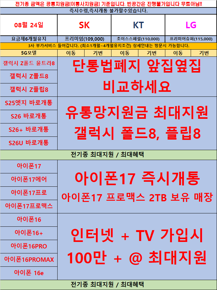 ★☆시세표공개☆★🎉단통법폐지🎉유통망지원금 최대지원 인터넷+TV 가입시 100만+@✨옆커폰 광흥창역점 8월24일 정상영업✨매장앞 주차가능👍번호이동/기변 특가👍마포구휴대폰 신촌휴대폰 홍대휴대폰 이미지