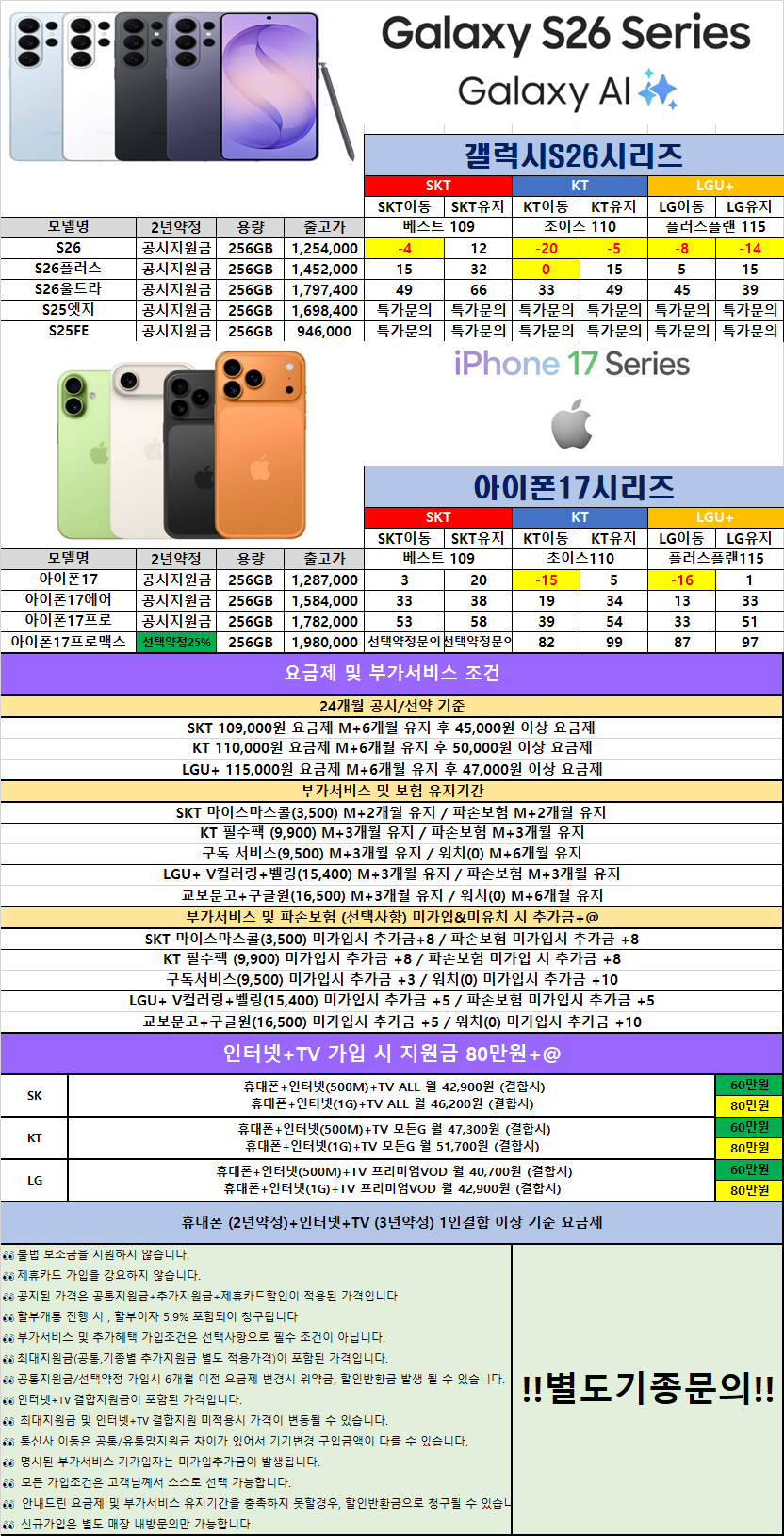 📱 대구 휴대폰성지 용산점 옆커폰 08월24일 📱 🚨 시세표 🚨 🟪 폴드8 와이드 신모델 즉시개통🟪 S26시리즈 즉시개통 💸 인터넷+TV 💸 이미지