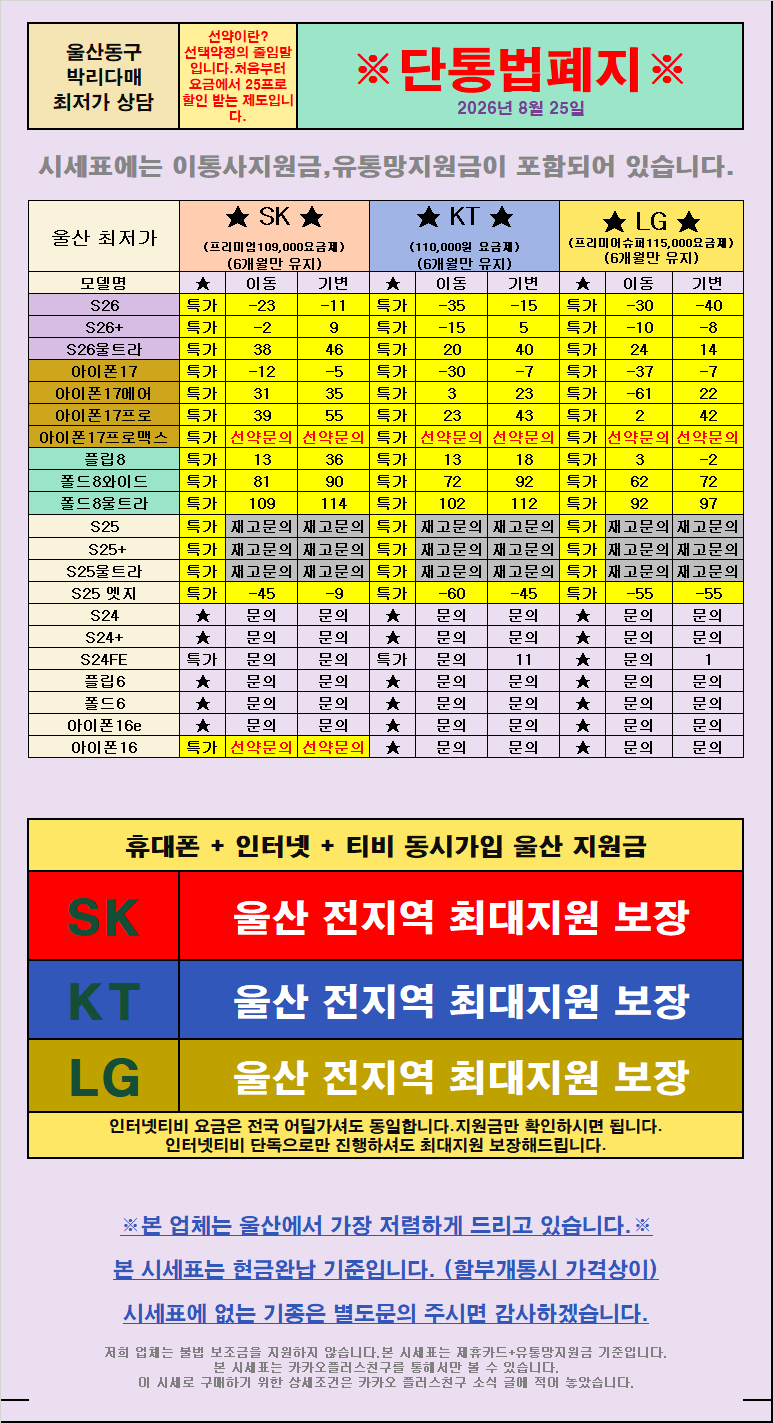 8월25일 [ 울산 시세표 대공개 ] 옆커폰전하점 단독 독점행사 / 무조건 저렴하게 드립니다 / 울산광역시 동구 총판매장 옆커폰전하점