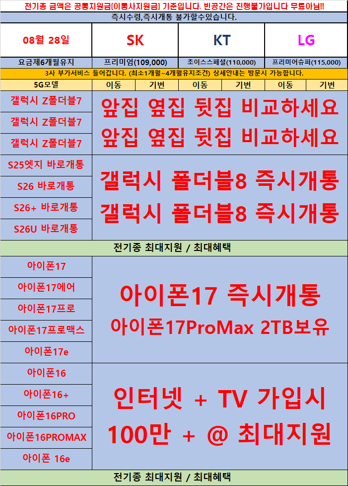 ★☆시세표공개☆★🎉단통법폐지🎉유통망지원금 최대지원 인터넷+TV 가입시 100만+@✨옆커폰 광흥창역점 8월28일 정상영업✨매장앞 주차가능👍번호이동/기변 특가👍마포구휴대폰 신촌휴대폰 홍대휴대폰 이미지