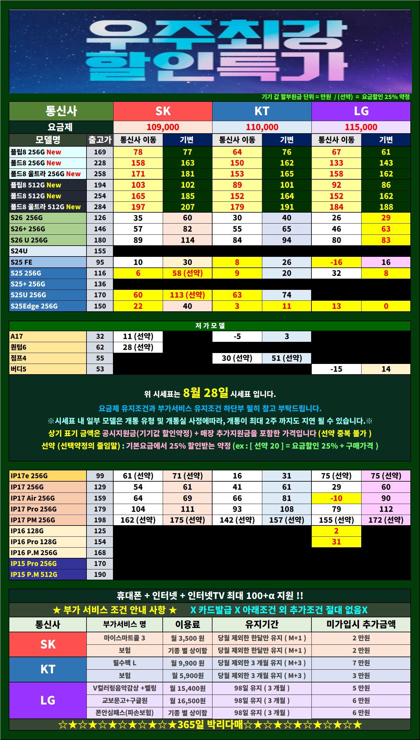 🌞옆커폰부평점🌞8월 28일 시세표🎉 🎁갤럭시 Z폴더블8️⃣즉시개통! 🌈⚡번개특가⚡ 📡인터넷+TV+📱=100+@🌟 이미지
